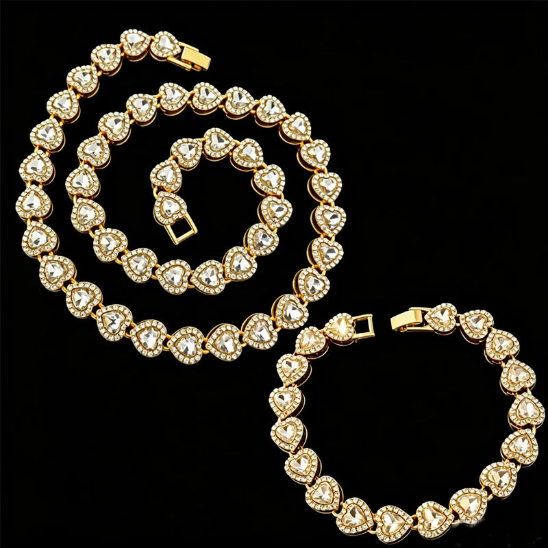 Luxury Crystal Heart Cuban Link Chain Bracelet Necklace Set - Hip Hop CZ Jewelry