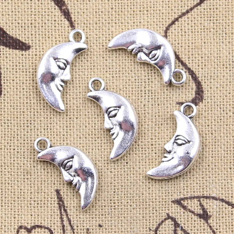 15pcs Moon Face Charms for Jewelry Making - Antique Bronze & Silver Pendants