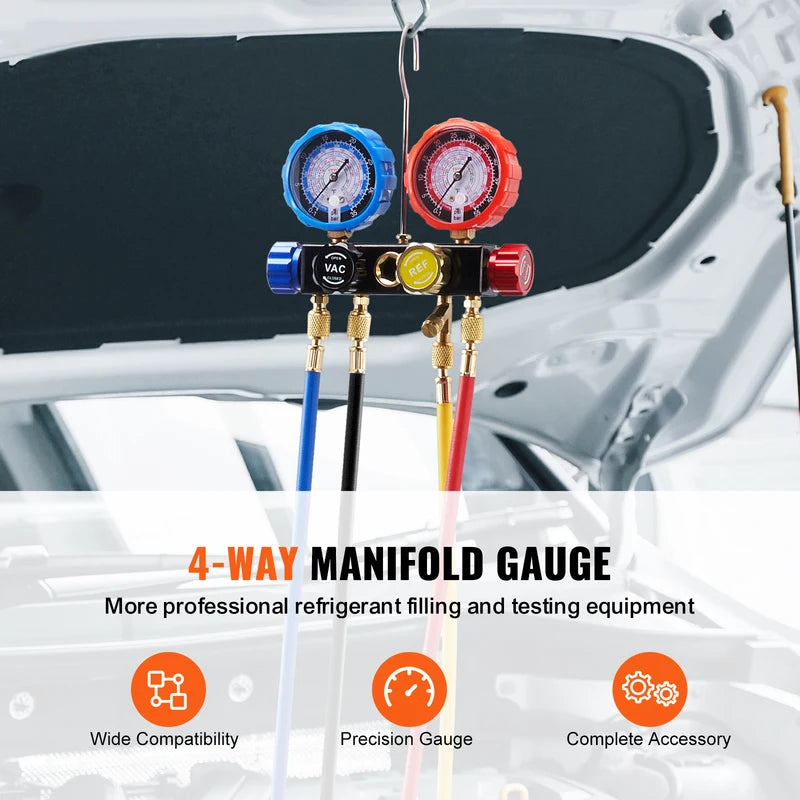 4-Way AC Manifold Gauge Set with 5ft Hoses for R134A R22 R12 R410A Refrigerant Charging