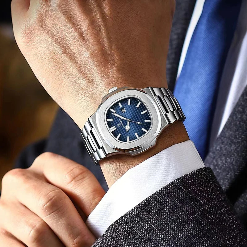 Luxury Men's Square Wristwatch Waterproof Luminous Date Quartz Watch - Stainless Steel Business & Sports Style