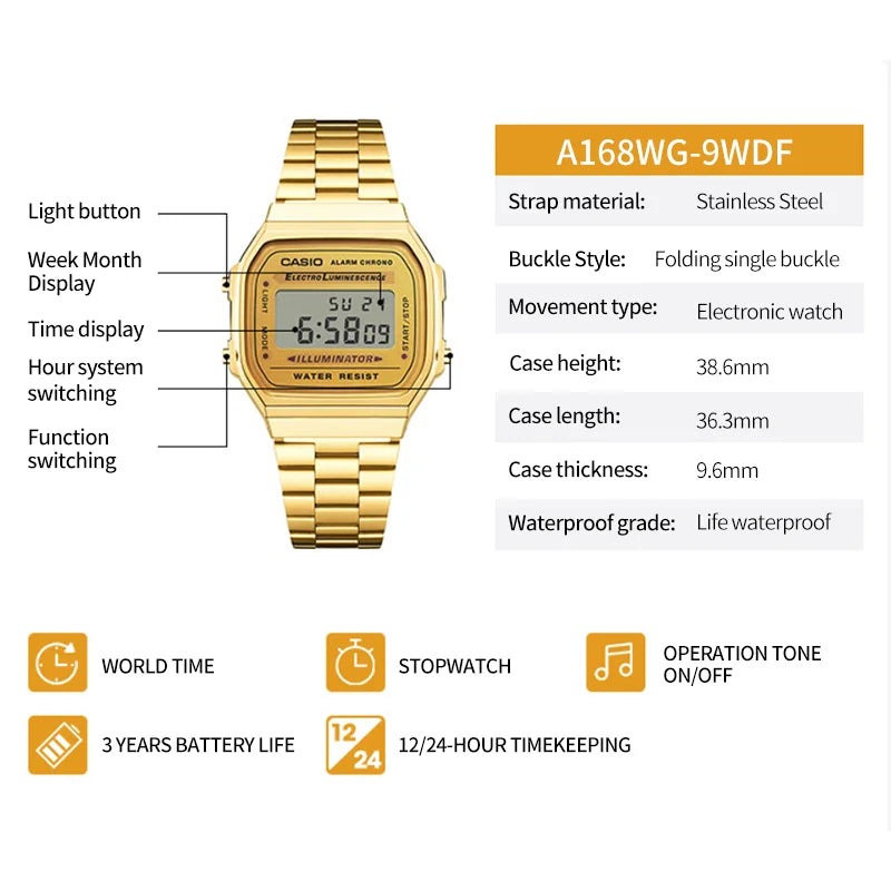 Casio Vintage Square Digital Watch Men’s Classic Metal Sports Wristwatch