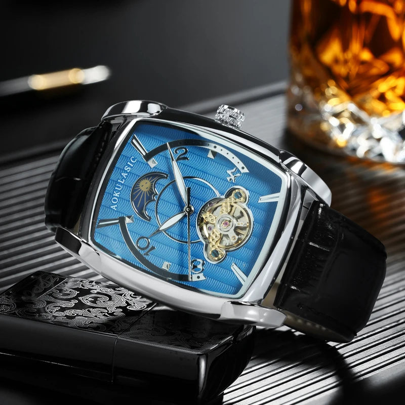 Men's Luxury Automatic Moon Phase Watch with Skeleton Dial Leather Strap