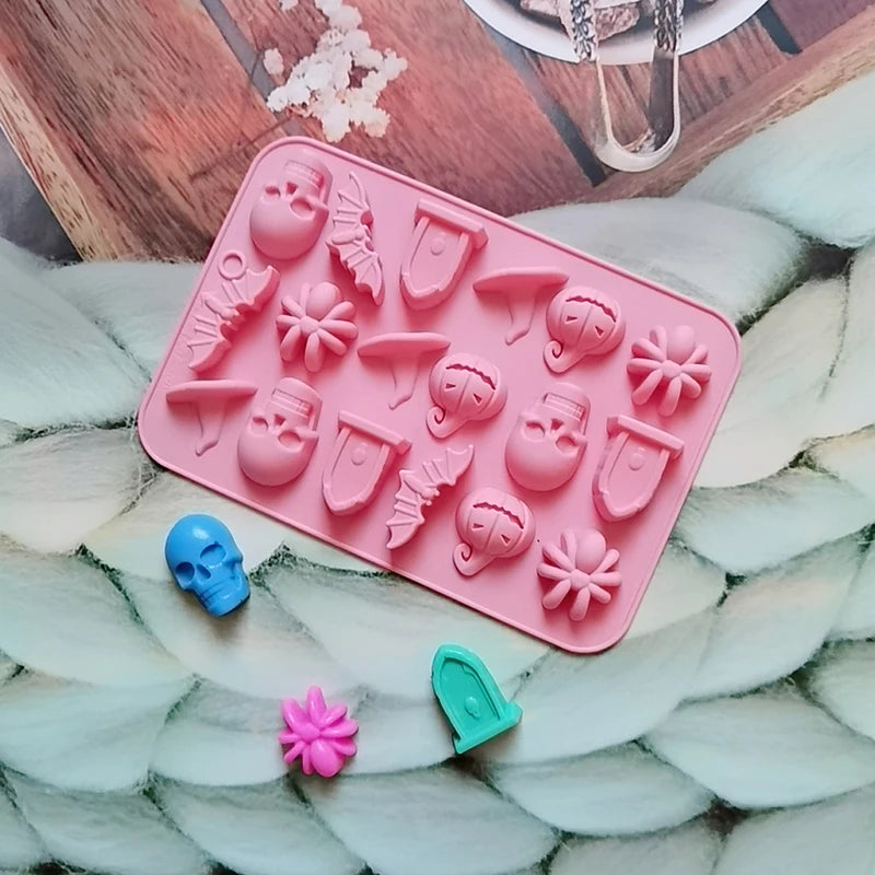 Halloween Silicone Mold with 18 Cavities for Ghost Pumpkin Bat Skull Witch Hat - Food Grade Baking Mold