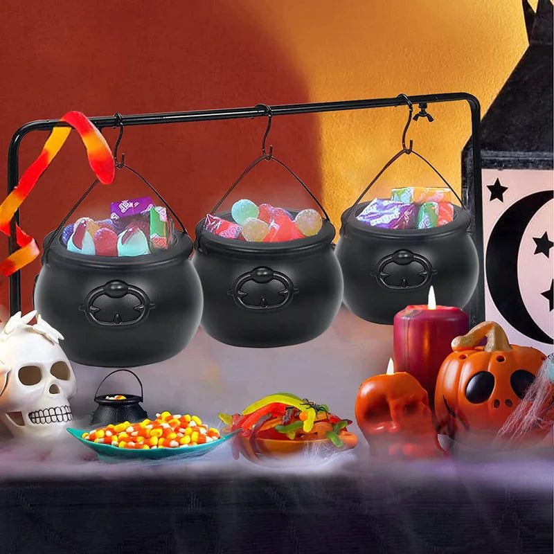 Halloween Candy Bowl Decorations Black Plastic Cauldron with Iron Rack for Parties