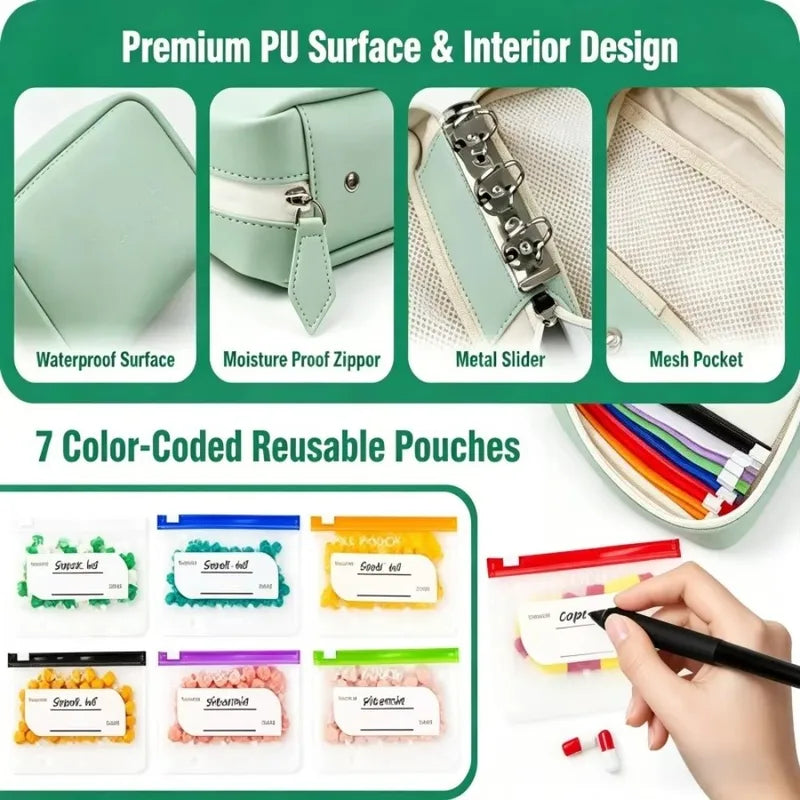 BPA-Free Waterproof Weekly Pill Organizer Set - Color Coded Travel Medicine Pouch