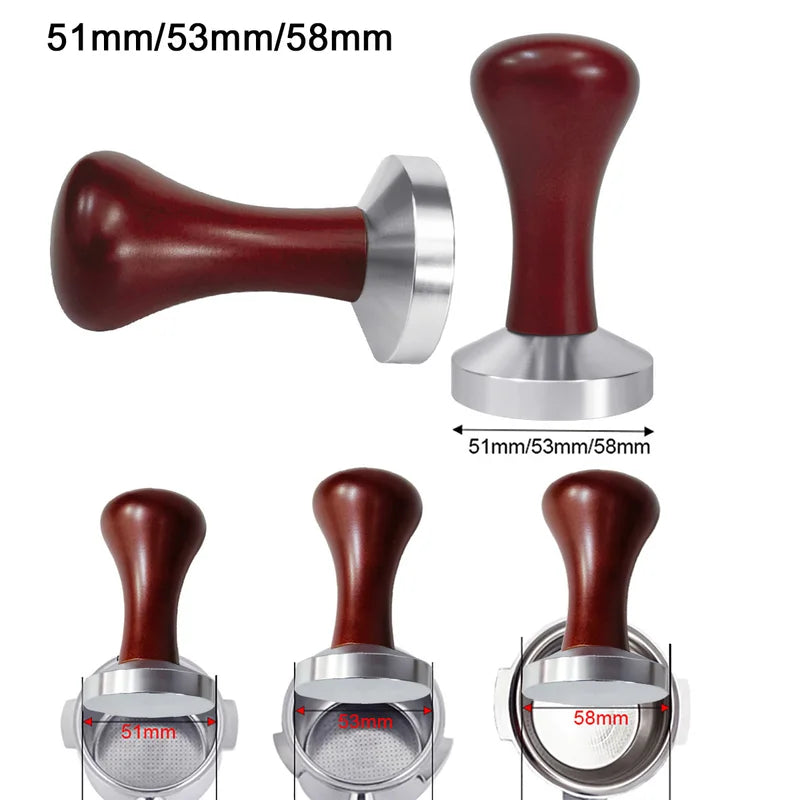 Coffee Tamper with Flat Base and Wooden Handle | Adjustable Sizes 51mm-58mm