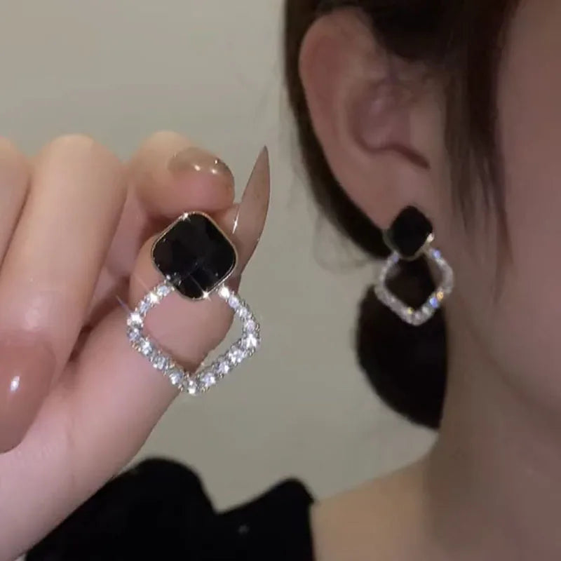 Korean Style Black Zircon Stud Earrings for Women Geometric Rhinestone Jewelry