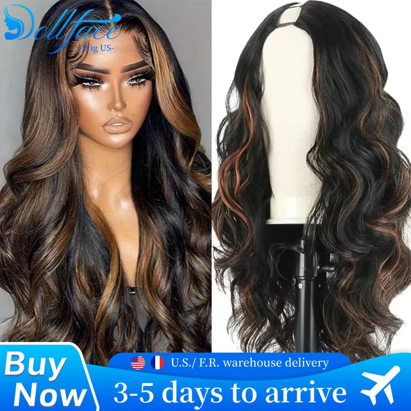 Human Hair Body Wave Wig with Highlights - No Sew In Clip-In Half Wigs 30 Inch