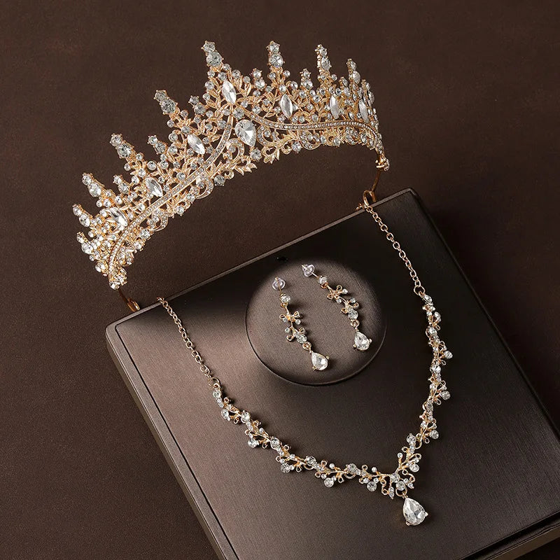 Bridal Wedding Jewelry 4-Piece Set with Crystal Crown Necklace & Earrings - Women's Classic Tiaras