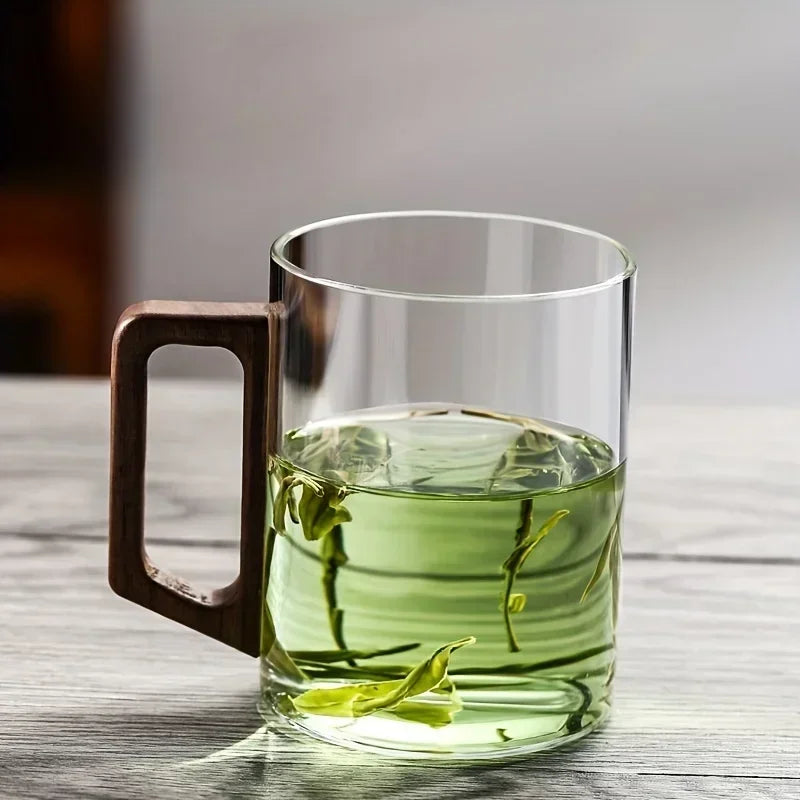 400ml Heat-Resistant Glass Cup with Walnut Handle for Tea and Coffee - Multiple Colors