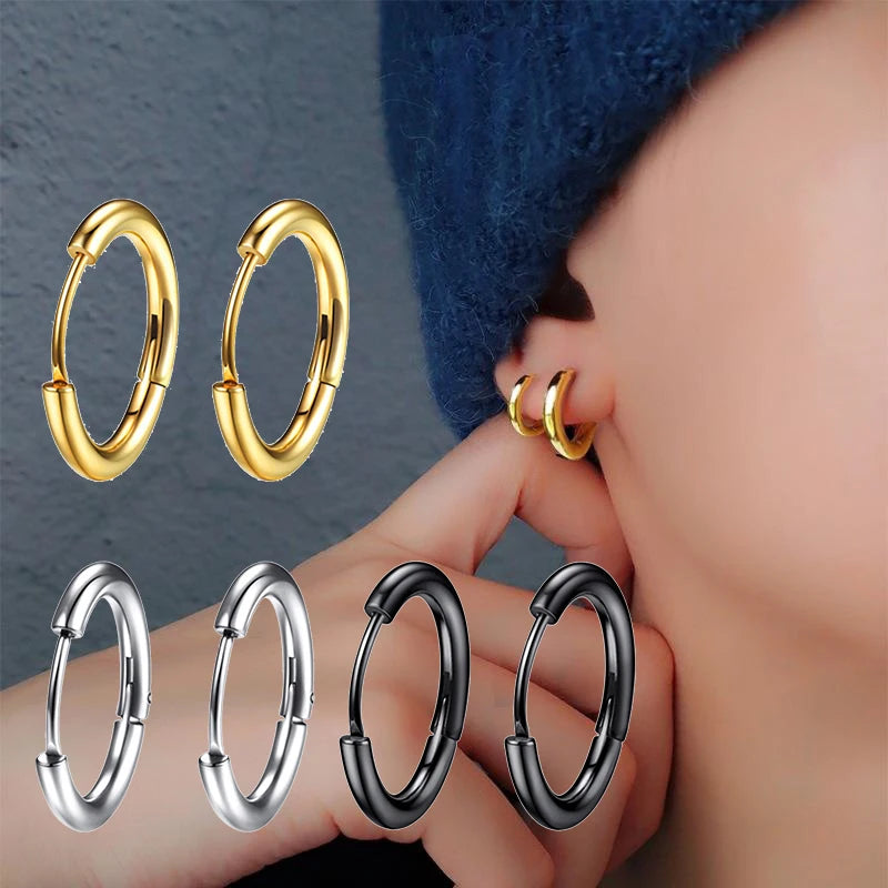 Unisex Punk Hoop Earrings Stainless Steel Round Circle Ear Jewelry