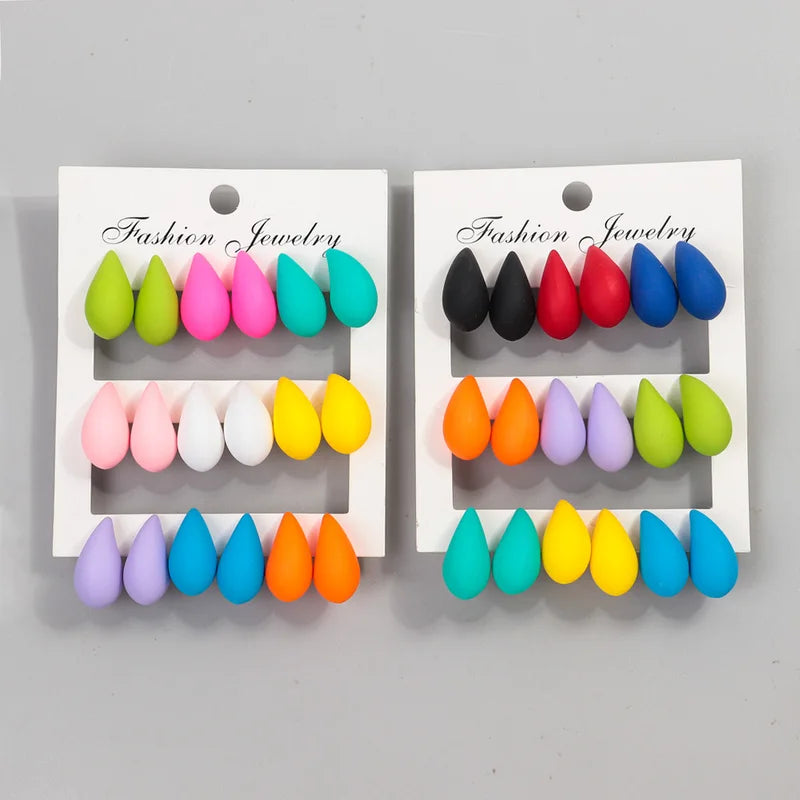 9-Pair Acrylic Waterdrop Earrings Set - Colorful Matte Tear Drop Jewelry for Women