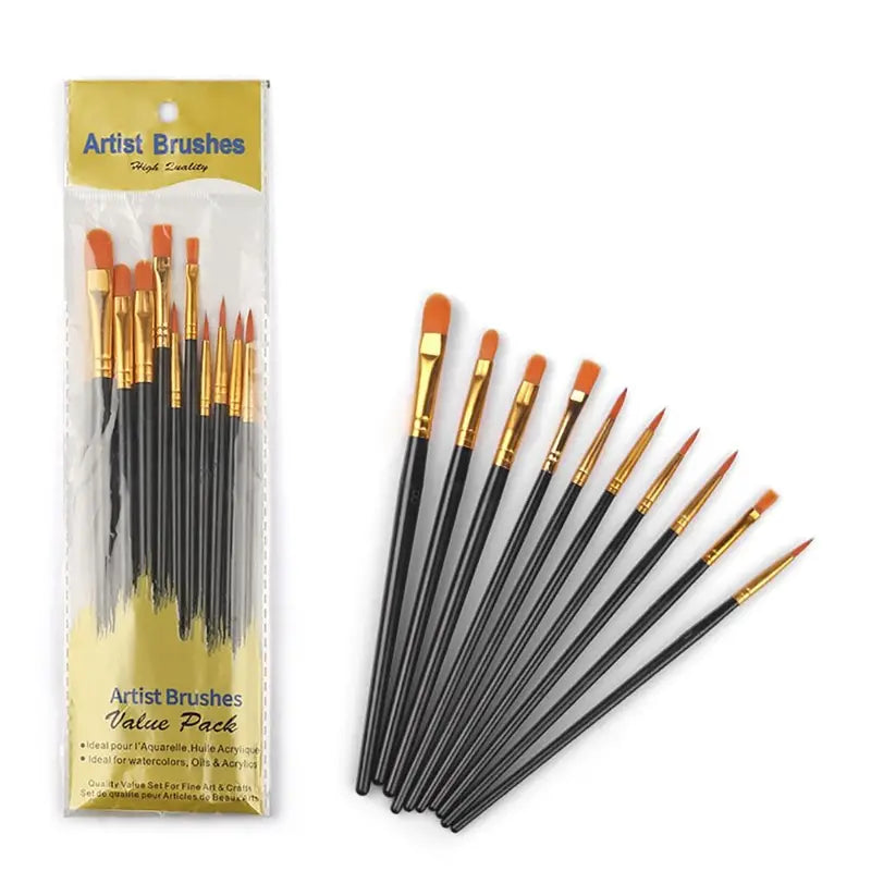 10Pcs Artist Paint Brush Set Nylon Watercolor & Oil Painting Brushes