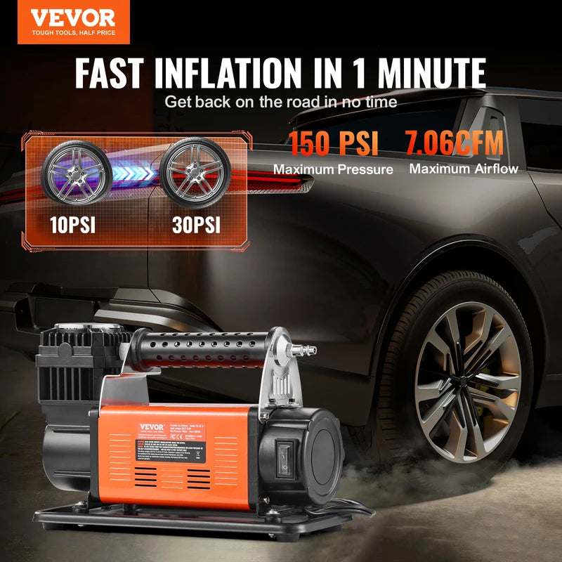 12V Portable Tire Inflator with 150 PSI and 7.06 CFM Heavy Duty Air Compressor