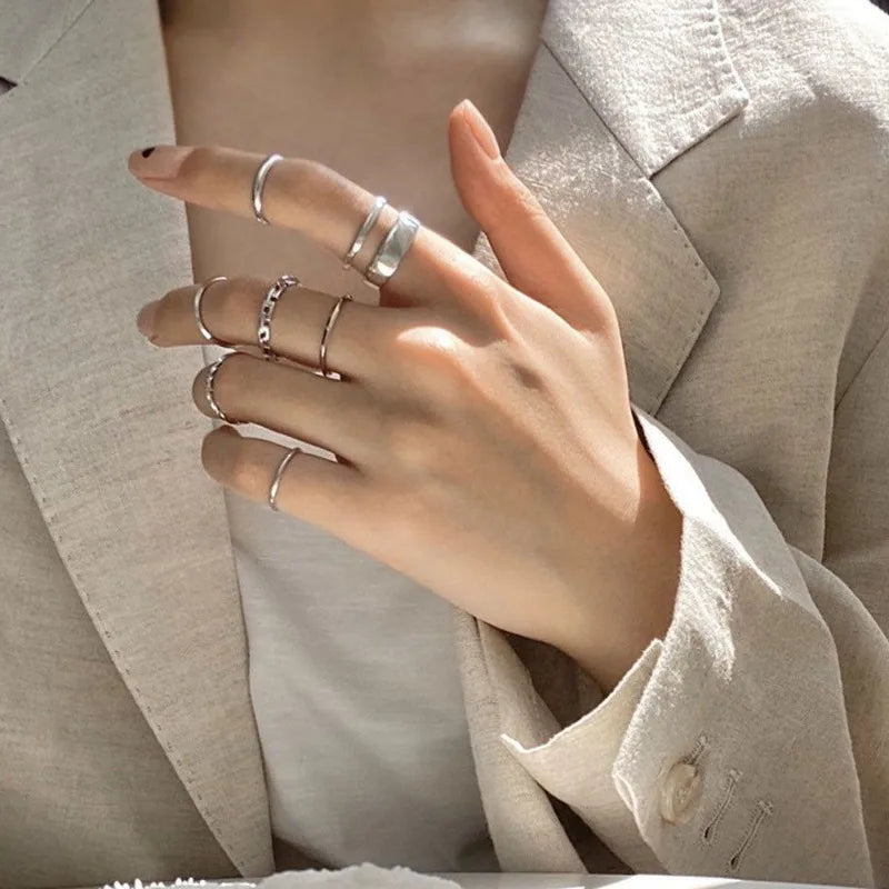 7-Piece Punk Geometric Ring Set for Women Silver Color Jewelry