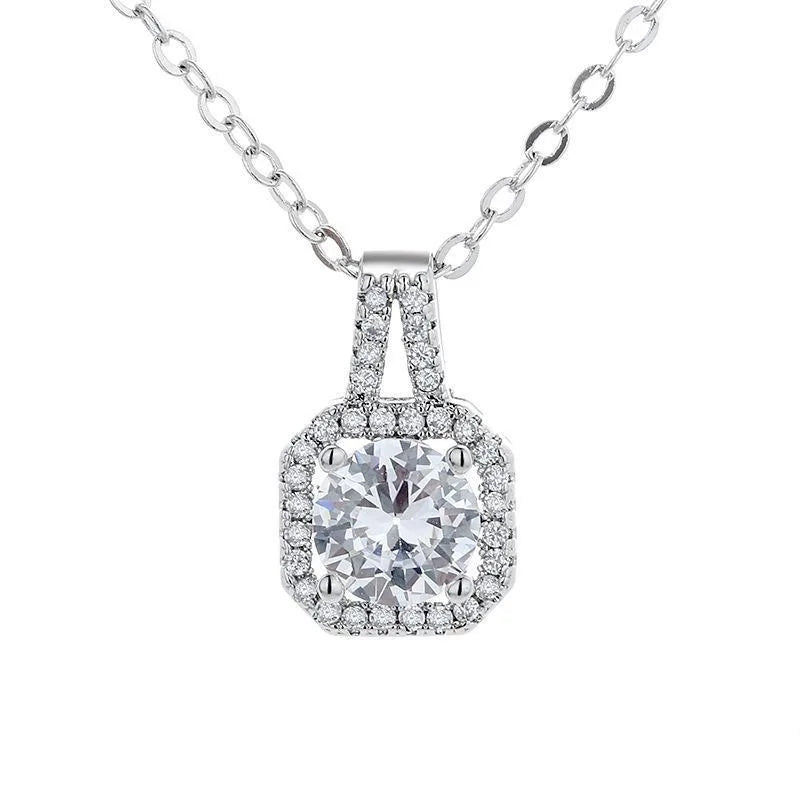 Stainless Steel Square Zircon Pendant Necklace for Women Jewelry Accessory