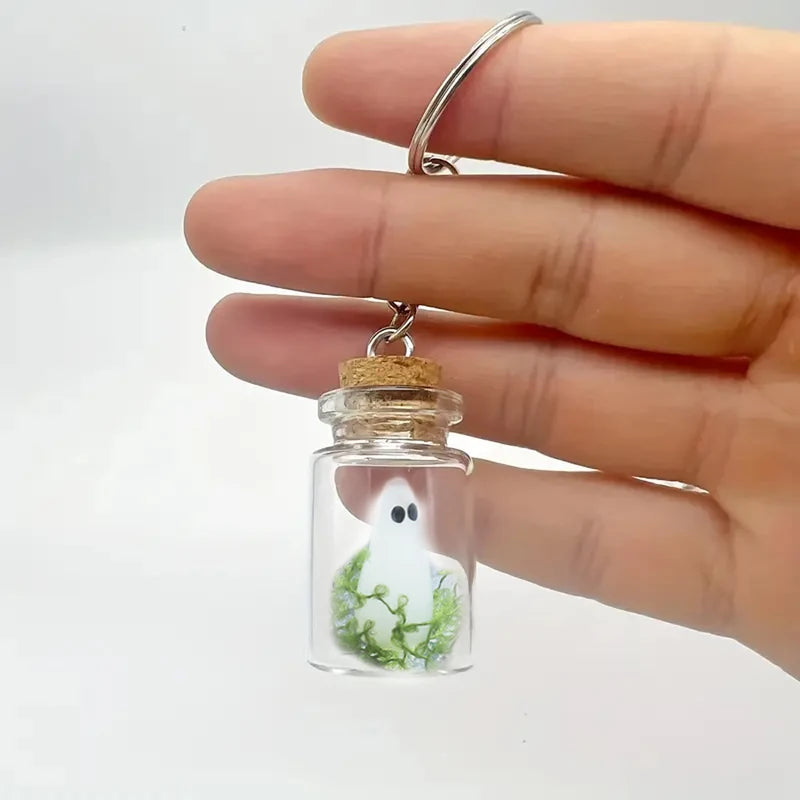 Glow-in-the-Dark Ghost Keychain with Glass Bottle Pendant - Halloween Jewelry Gift