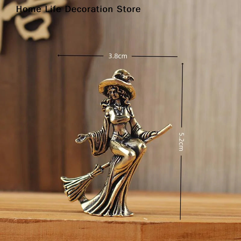 Miniature Brass Witch Ornament for Home Decor, Halloween Magic Theme