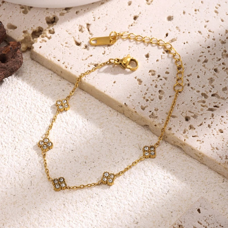 Gold Color Flower Zircon Bracelet - Hypoallergenic Stainless Steel Jewelry for Women