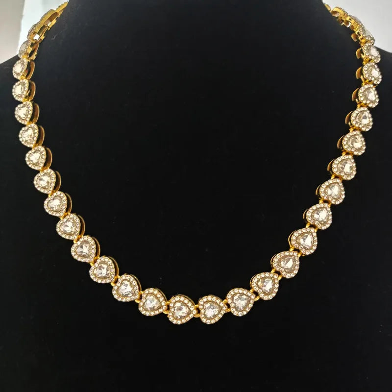 Luxury Crystal Heart Cuban Link Chain Bracelet Necklace Set - Hip Hop CZ Jewelry