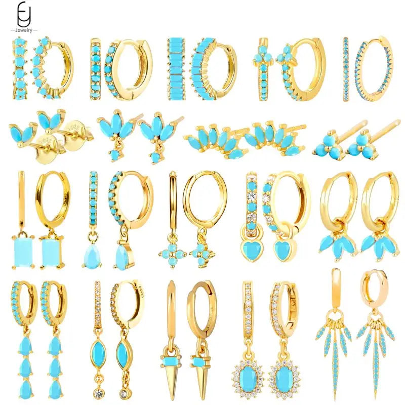 Sterling Silver Turquoise Stud Earrings for Women - Blue Crystal Pendant, Gold Finish