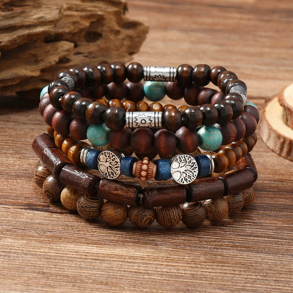 Vintage Ethnic Wooden Beaded Bracelets for Men Multi-Layer Jewelry with Turquoise and Nature Stones