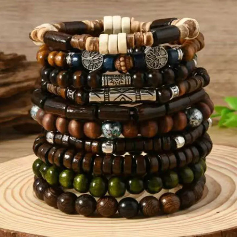 Bohemia Ethnic Beaded Bracelets Set for Men - Multi-Layer Wooden and Life Tree Design