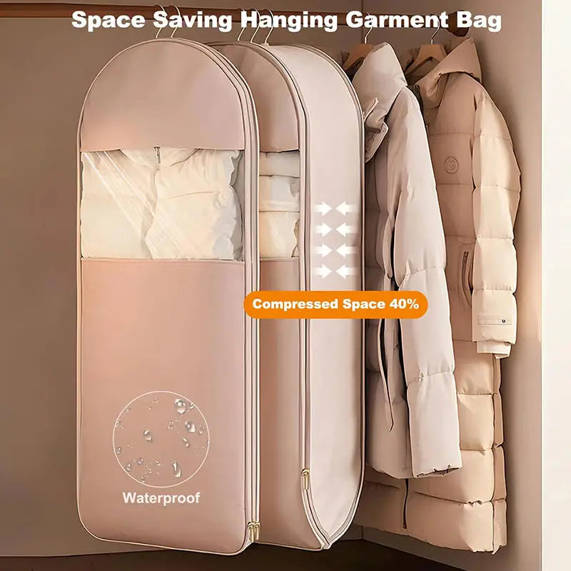 Space Saving Hanging Garment Bag with Self Compression Zipper for Travel and Closet Storage