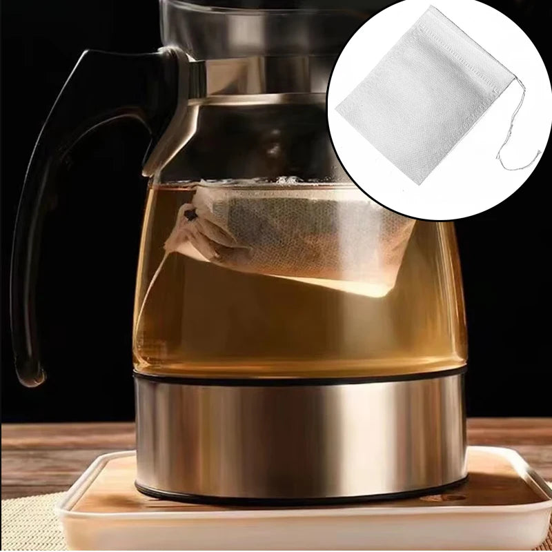 Disposable Tea Filter Bags with Drawstring - 100 Pcs, Food-Grade Material