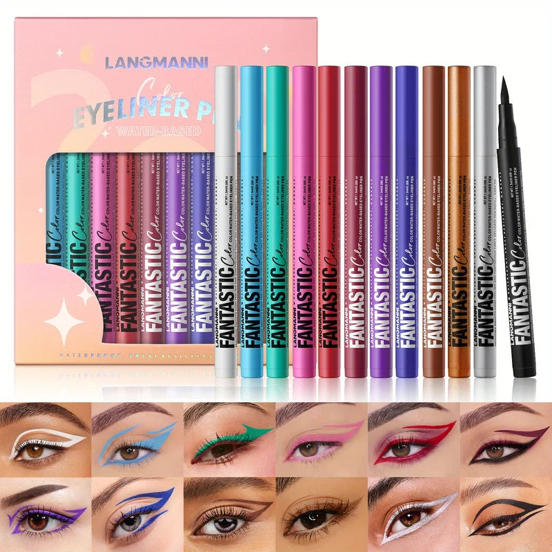 12-Color Waterproof Eyeliner Set - Long-Lasting Quick-Dry Oil-Proof Non-Smudge Makeup