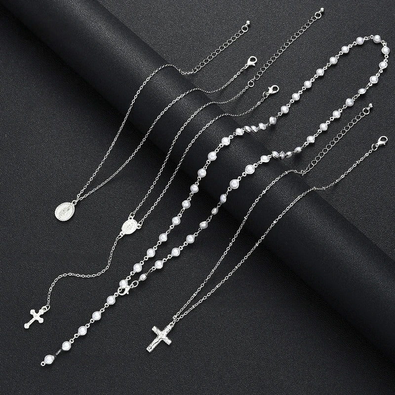 Boho Multi Layer Pearl Necklace Set for Women with Cross Pendant | Hip Hop Jewelry