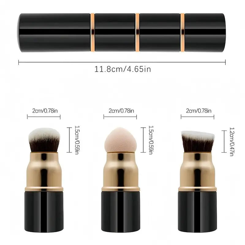 3-in-1 Portable Makeup Brush Set with Dust Cover - Compact & Detachable for Foundation Powder Blush & Sponge