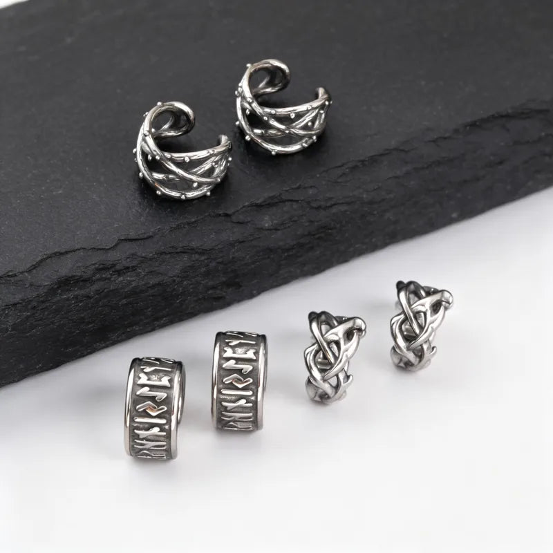 Vintage Punk Viking Clip Earrings for Men Boys - Hypoallergenic Stainless Steel No Piercing Ear Cuffs - Gift for Dad & Him