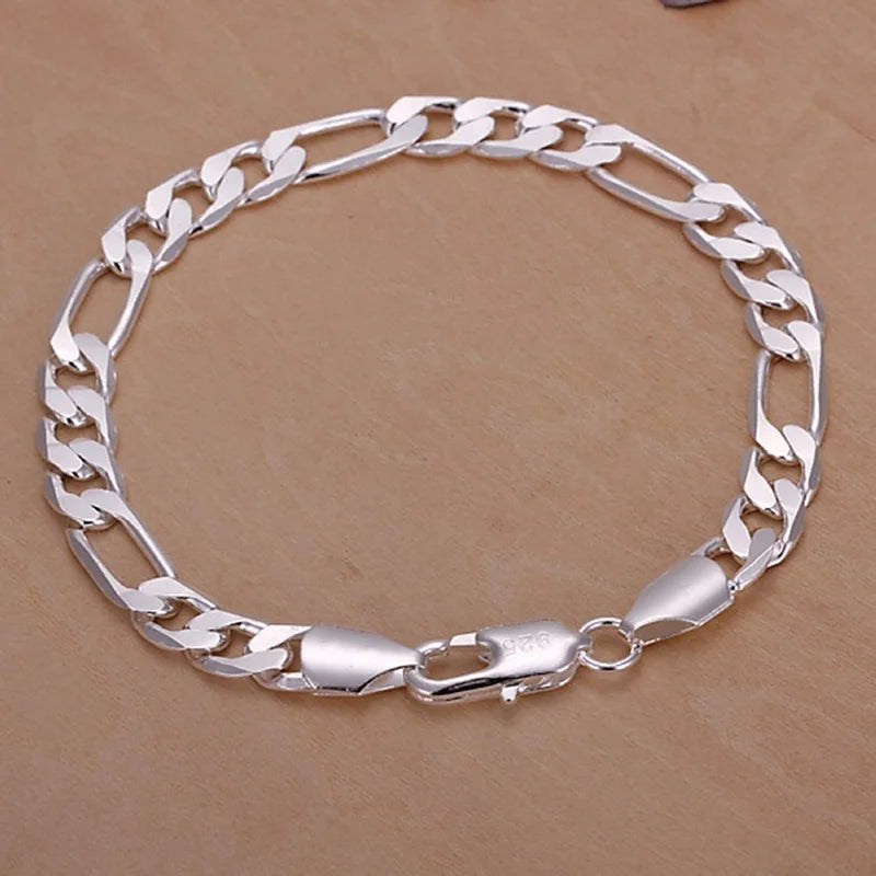 8mm Silver Chain Bracelet for Women Men Wedding Jewelry Figaro Style