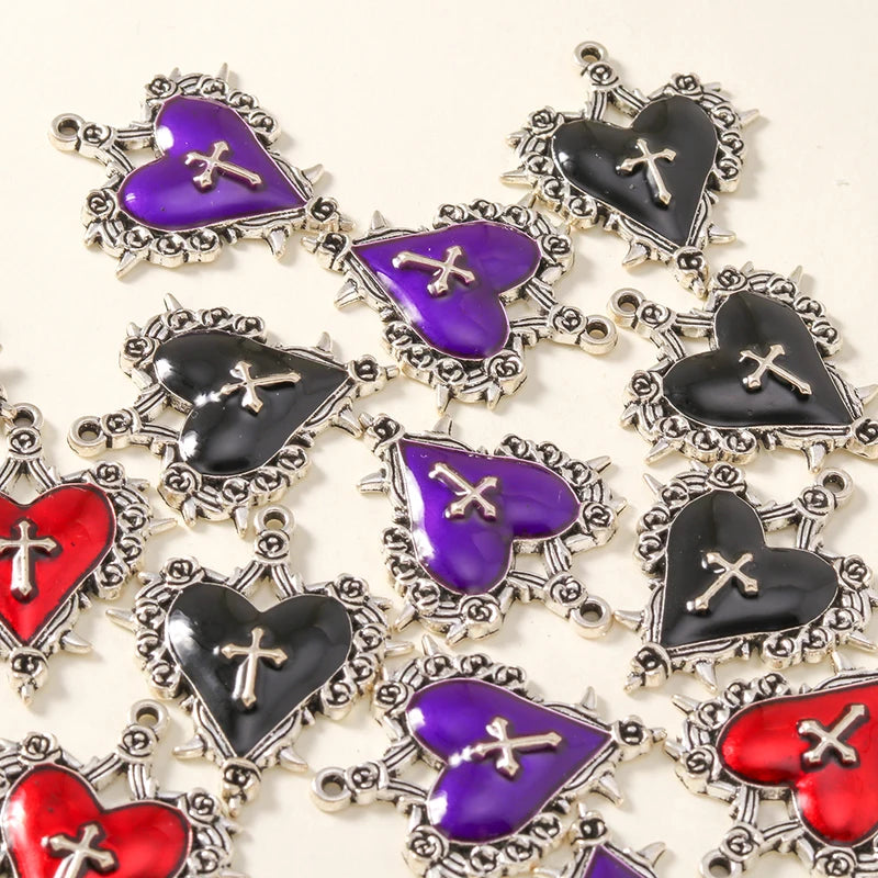 10pcs Enamel Steampunk Gothic Cross Heart Charms for Jewelry DIY Necklace & Earring Making