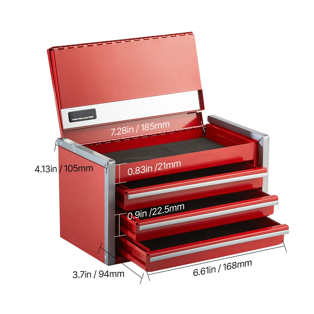 Mini Metal Tool Box with 3 Drawers and Top Compartment - Portable Storage Chest for Garage