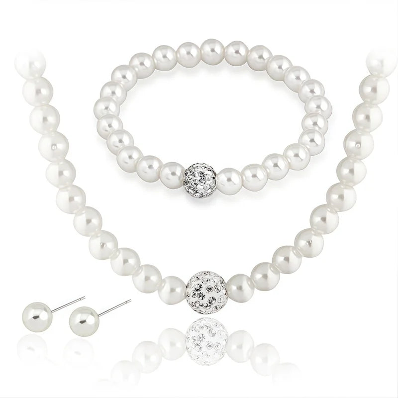 Imitation Pearl Fireball Jewelry Set with Necklace Bracelet Earrings - Silver or Gold Color