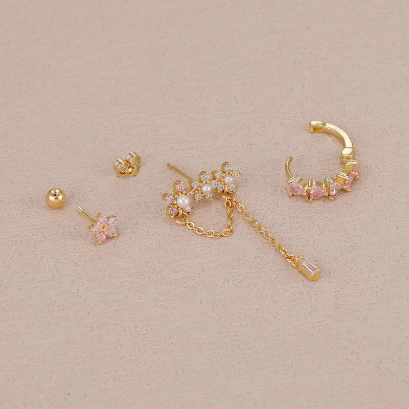 3-Piece Stainless Steel Flower Tassel Earrings Set with Heart-Shaped Pendants for Women