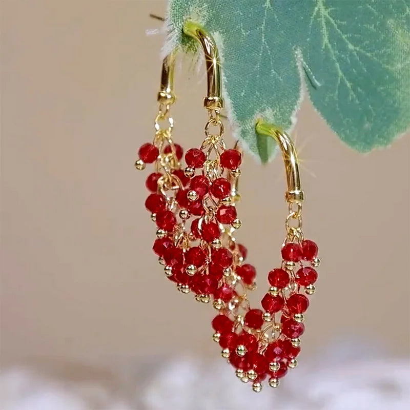 Light Luxury Red Crystal Beaded Pendant Earrings for Women - Unique Jewelry
