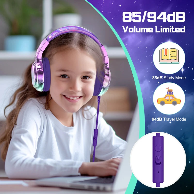 Kids Wired Headphones with Volume Limiter for School & Learning - Foldable Stereo Sound with Mic