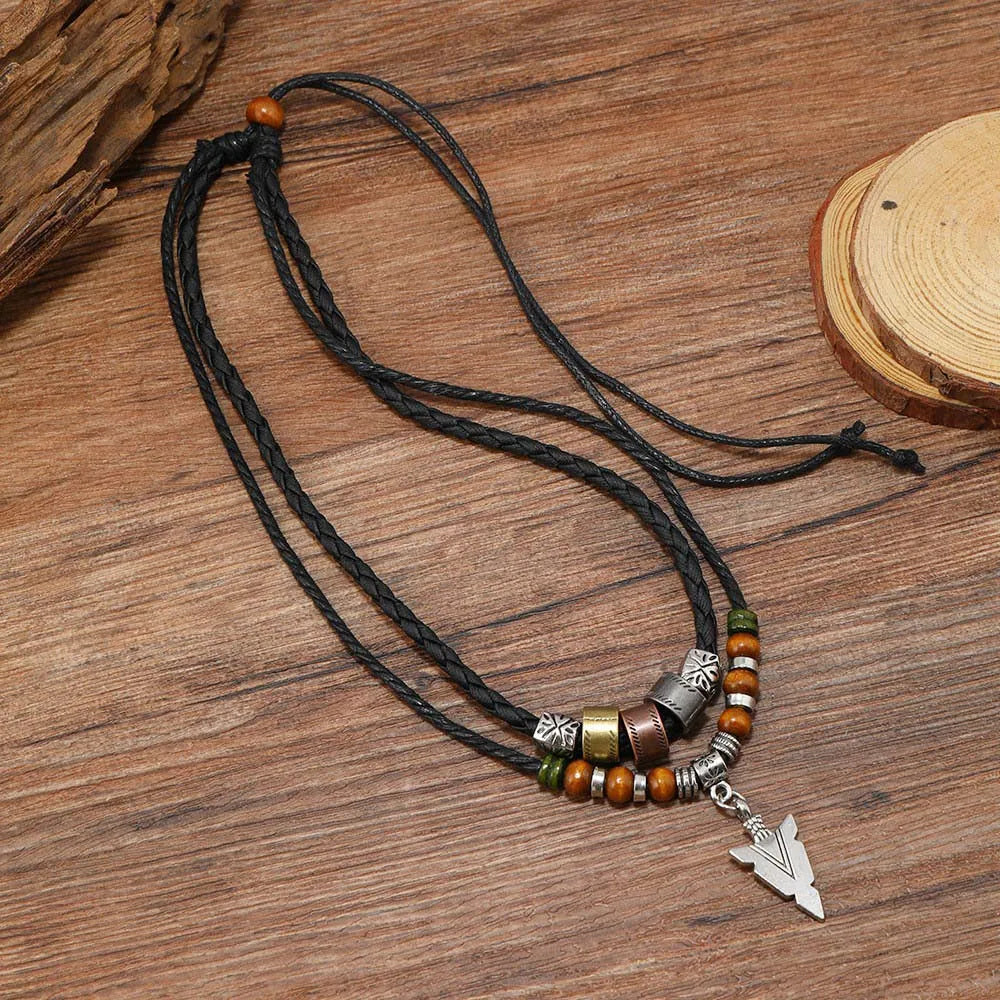 Men's Viking Arrowhead Necklace Ethnic Tribal Leather Pendant Boho Jewelry