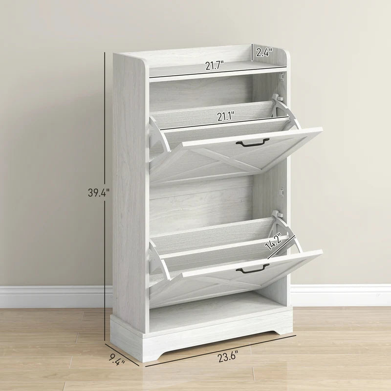 Farmhouse Style Shoe Cabinet with 2 Flip Drawers and Adjustable Shelves, Distressed White Entryway Storage