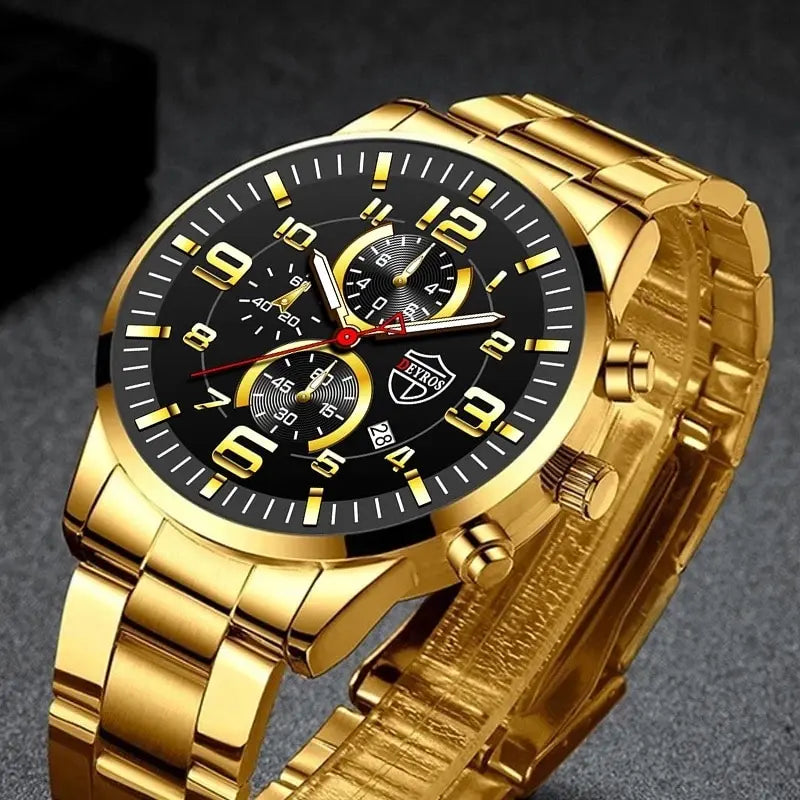 Men's Luxury Stainless Steel Quartz Sports Watch with Luminous Hands and Calendar