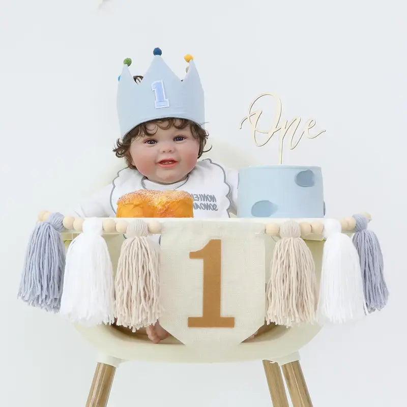 Baby First Birthday Decorations Set - Blue High Chair Banner & Wall Hangings