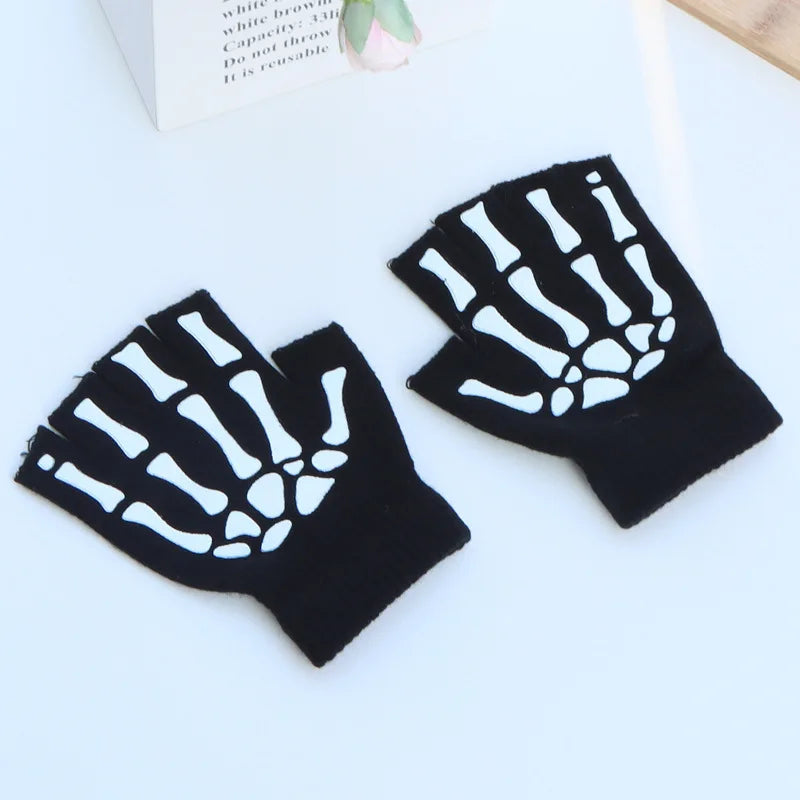 Luminous Skeleton Half Finger Gloves for Halloween Costume Black Knitted Fingerless Gloves Skull Accessory