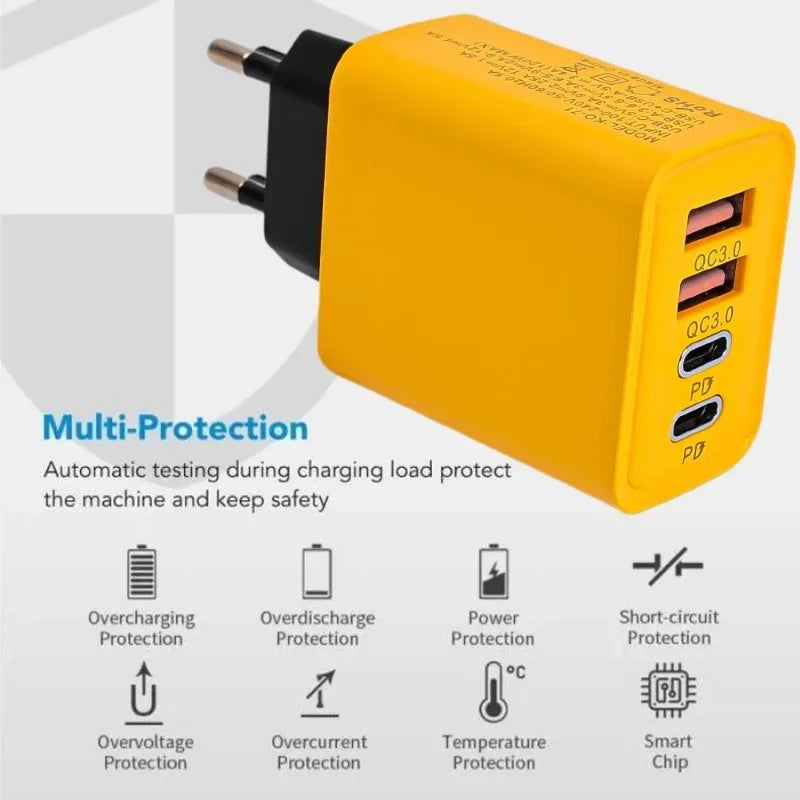120W Fast Charging Wall Charger with 4 Ports USB-C & QC3.0 for Smartphones