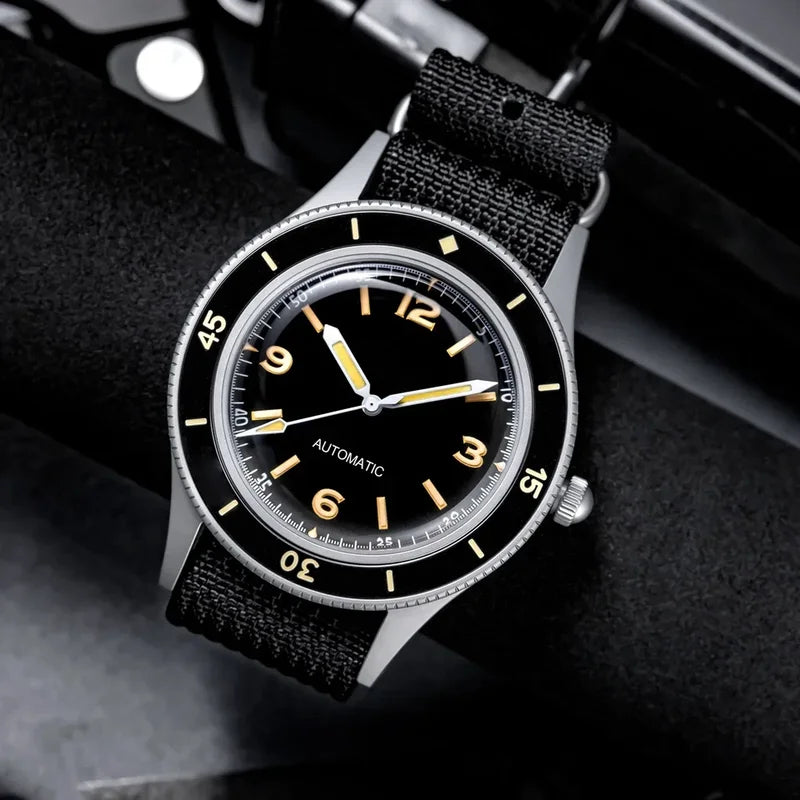 50-Fathoms Retro Black 40mm Sapphire Automatic Diver Watch with Green Luminous Bezel