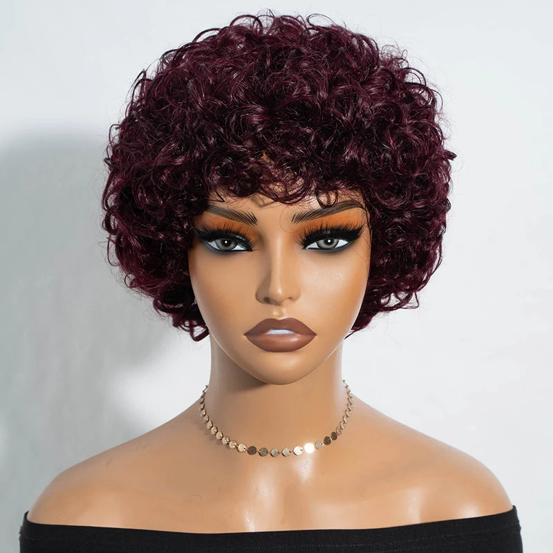 Debut Short Pixie Afro Curly Wigs for Black Women - Natural Brown, Glueless, Brazilian Human Hair