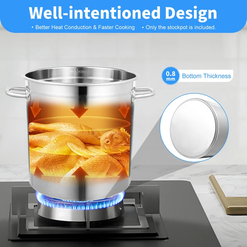 35L Stainless Steel Stock Pot with Lid & Handles - Multi-Functional Kitchen Cookware