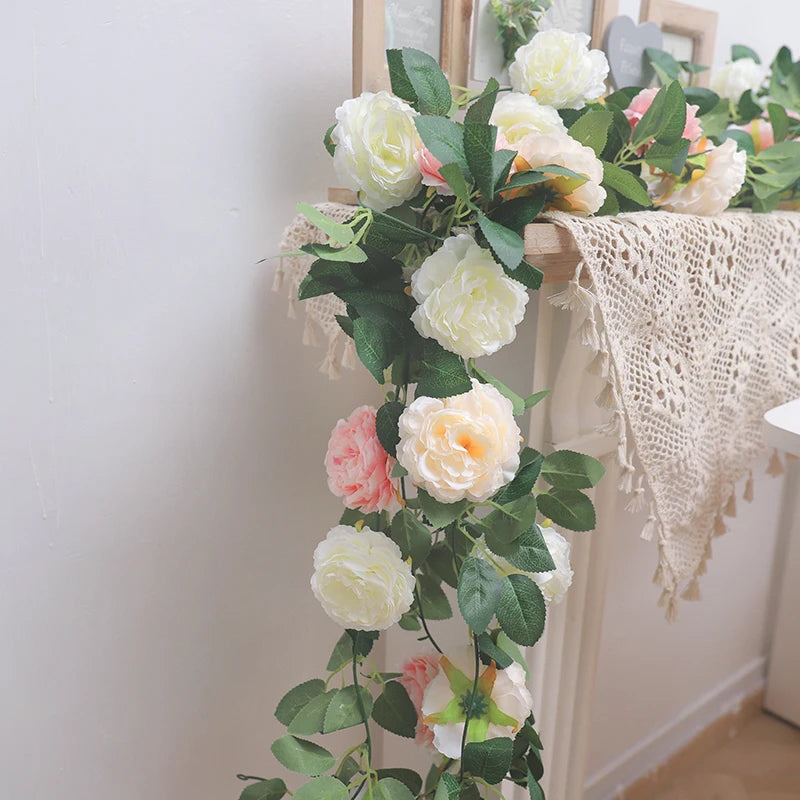 Artificial Silk Peony Flower Vine Wall Hanging Garland for Christmas & Wedding Decor